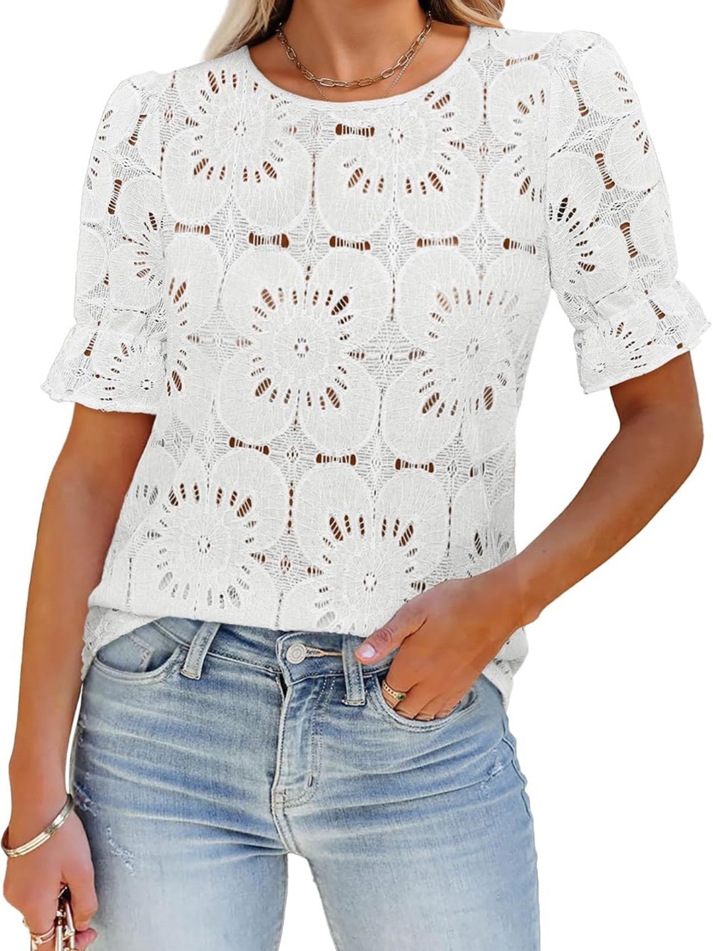 Women's Ivory Crochet Lace Short-Sleeve Top
